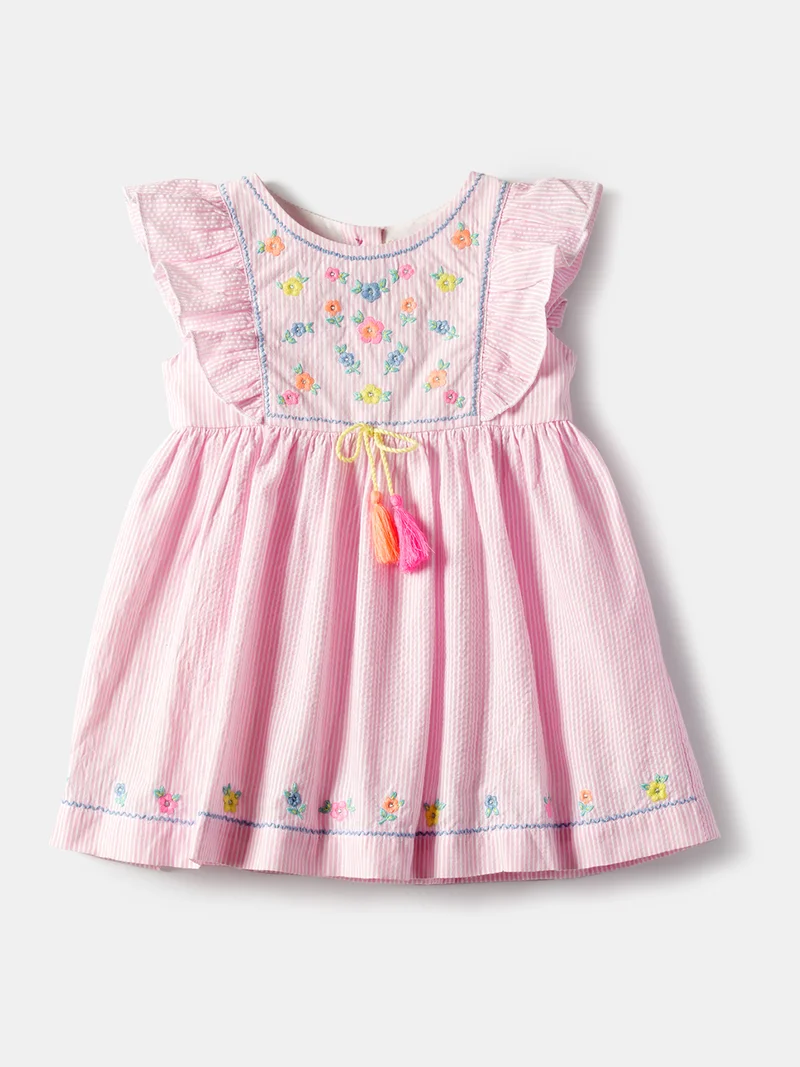 Nautinati  Girls' 100% Cotton All-over Striped & Floral Embroidered Ruffled Fit and Flare Dress with Tassels for Women | Best Price UAE